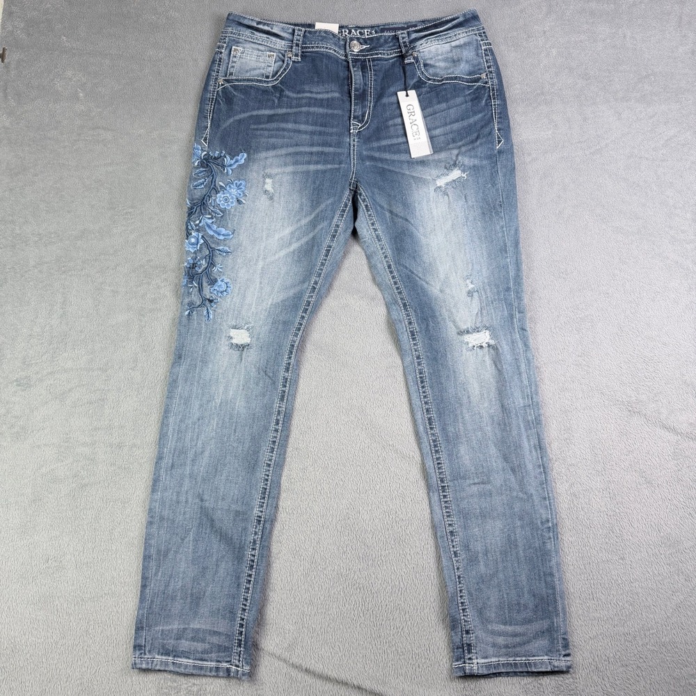 Grace in LA Easy Fit Embroidered Distressed Straight Leg Jeans Blue Womens 32